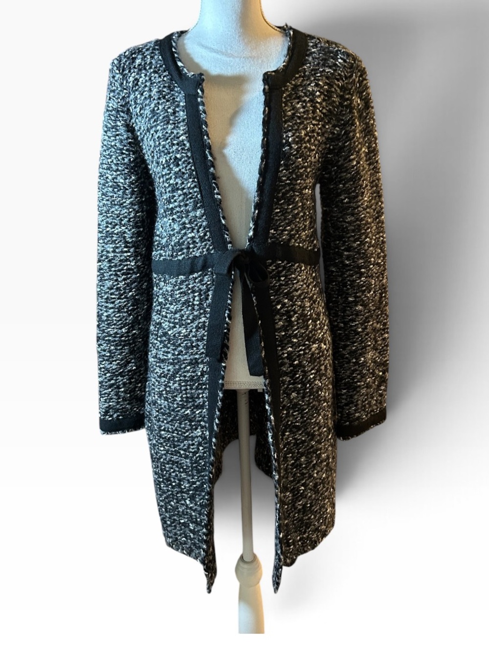Chico's Black & White Tweed Long Cardigan with Tie